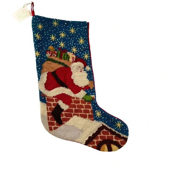 NWT Vintage The Jabara Group 100% Wool Needlepoint Santa Christmas Stocking - Picture 1 of 8